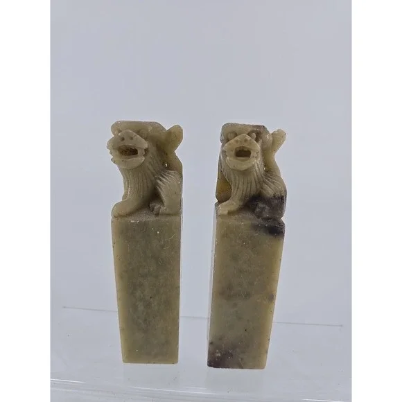 Vtg 1960s Pair of Chinese Soapstone Foo Dog Hand Carved Chop Seal 4in Statues